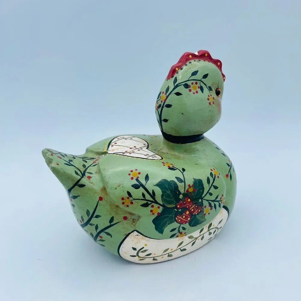 Vintage 1984 Hand Painted Wood 6” Hen Duck Decoy Planter Bowl Folk Art Signed M